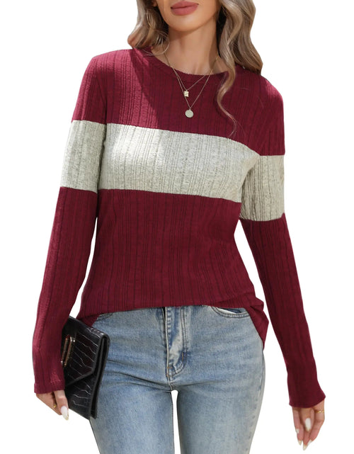 Cargar imagen en el visor de la galería, Cnlinkco Blusas de manga larga para mujer, suéteres estilo púllover con bloques de color, cuello redondo, rayas, ajuste entallado, tops PAT3 XL
