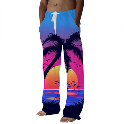 Mens Linen Pants Casual Hawaii Print Summer Beach Pants Elastic Waist Drawstring Baggy Trousers with Pockets