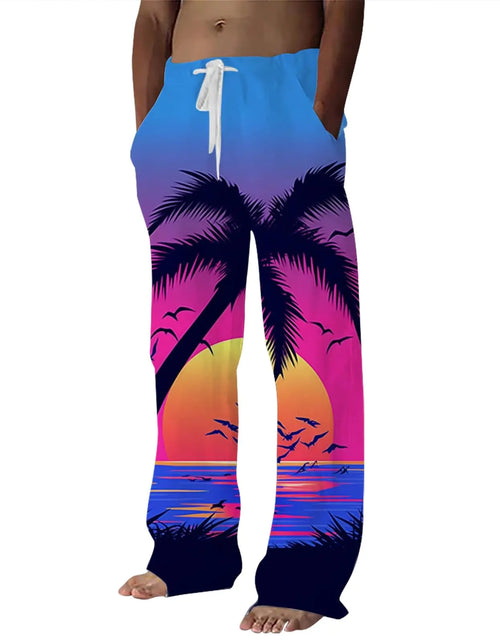 Load image into Gallery viewer, Mens Linen Pants Casual Hawaii Print Summer Beach Pants Elastic Waist Drawstring Baggy Trousers with Pockets
