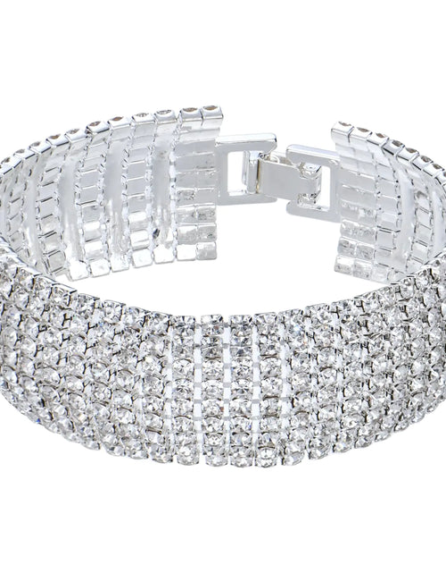 Cargar imagen en el visor de la galería, Pulsera de cadena multicapa ancha de cristal con diamantes de imitación bañados en plata brillante Ecesha para mujer, para bodas, bailes de graduación, bisutería (9 capas, 7 pulgadas)
