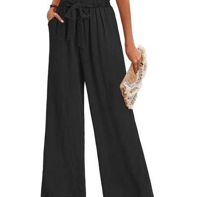 Buauty Wide Leg Palazzo Pants Woman with Pockets High Waist Pant Adjustable Knot Loose Trousers Business Casual Work Pants Black