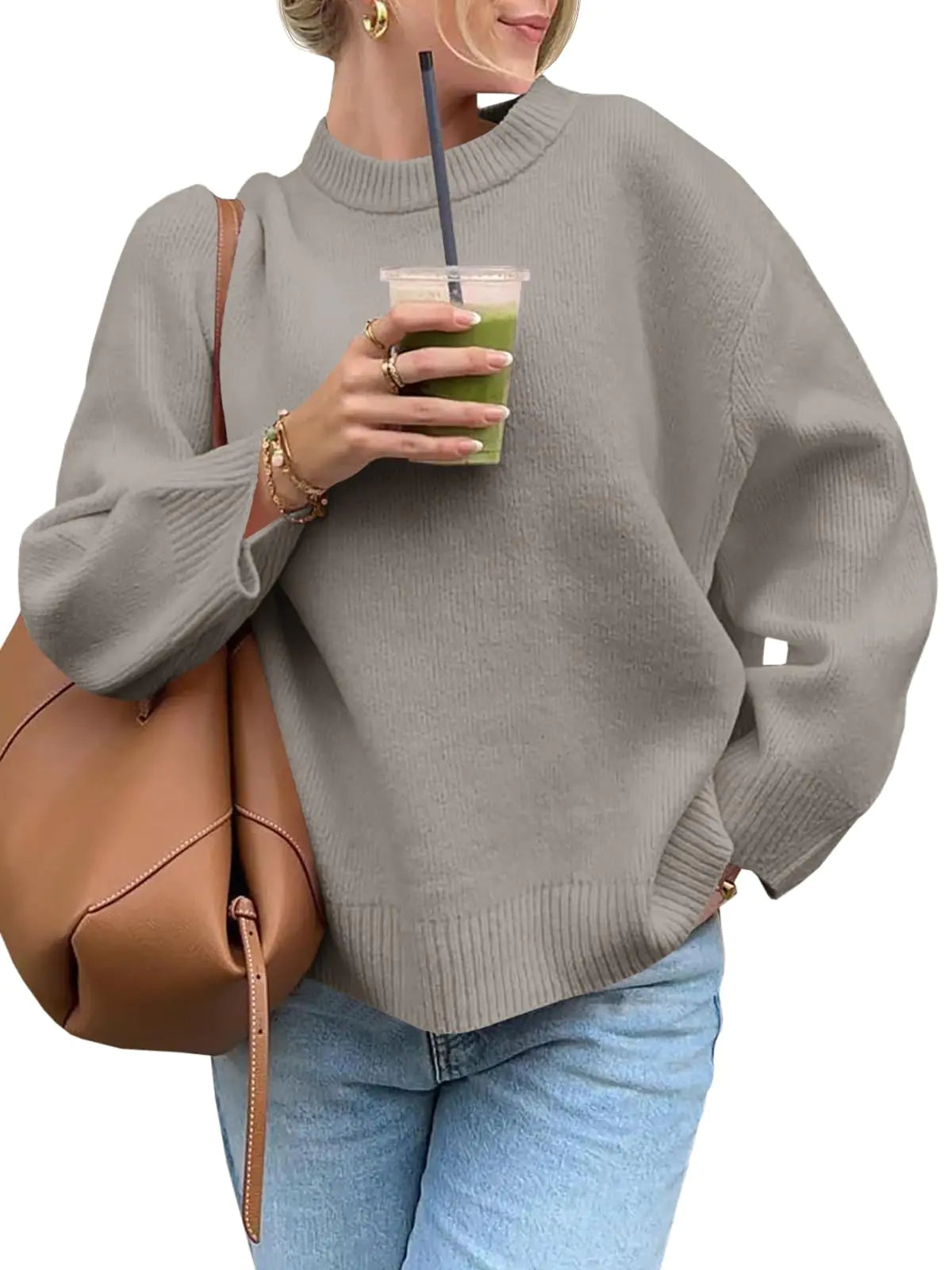 Saodimallsu Suéter extragrande para mujer, cuello redondo, tejido grueso, cálido, invierno, manga larga, jerséis de punto, caqui