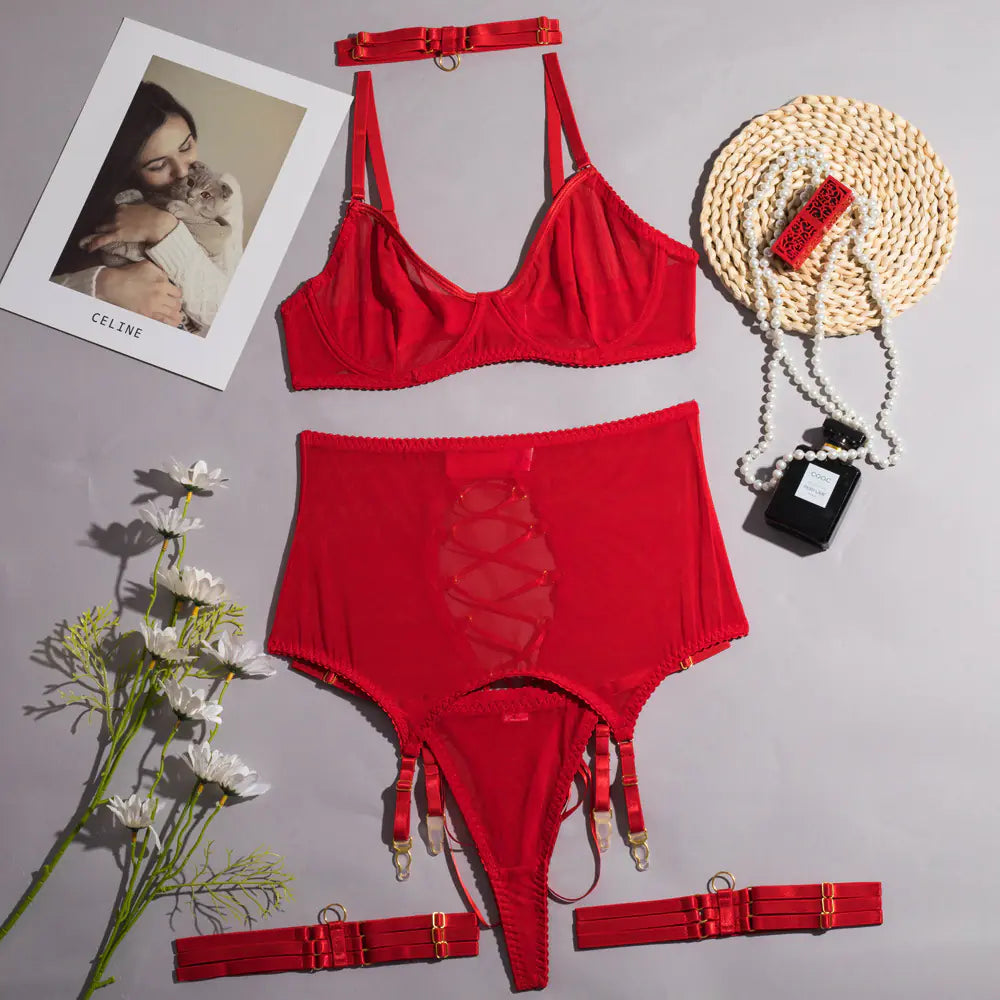 Sheer Mesh Thong Lingerie Set - Sexy Multi-Piece