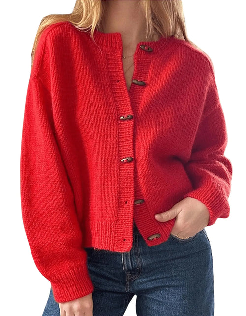 Charger l'image dans la visionneuse de galerie, GORGLITTER Pull Hiver Femme Gilet Court Boutonné Manches Longues Tricot Hauts Rouge Petit

