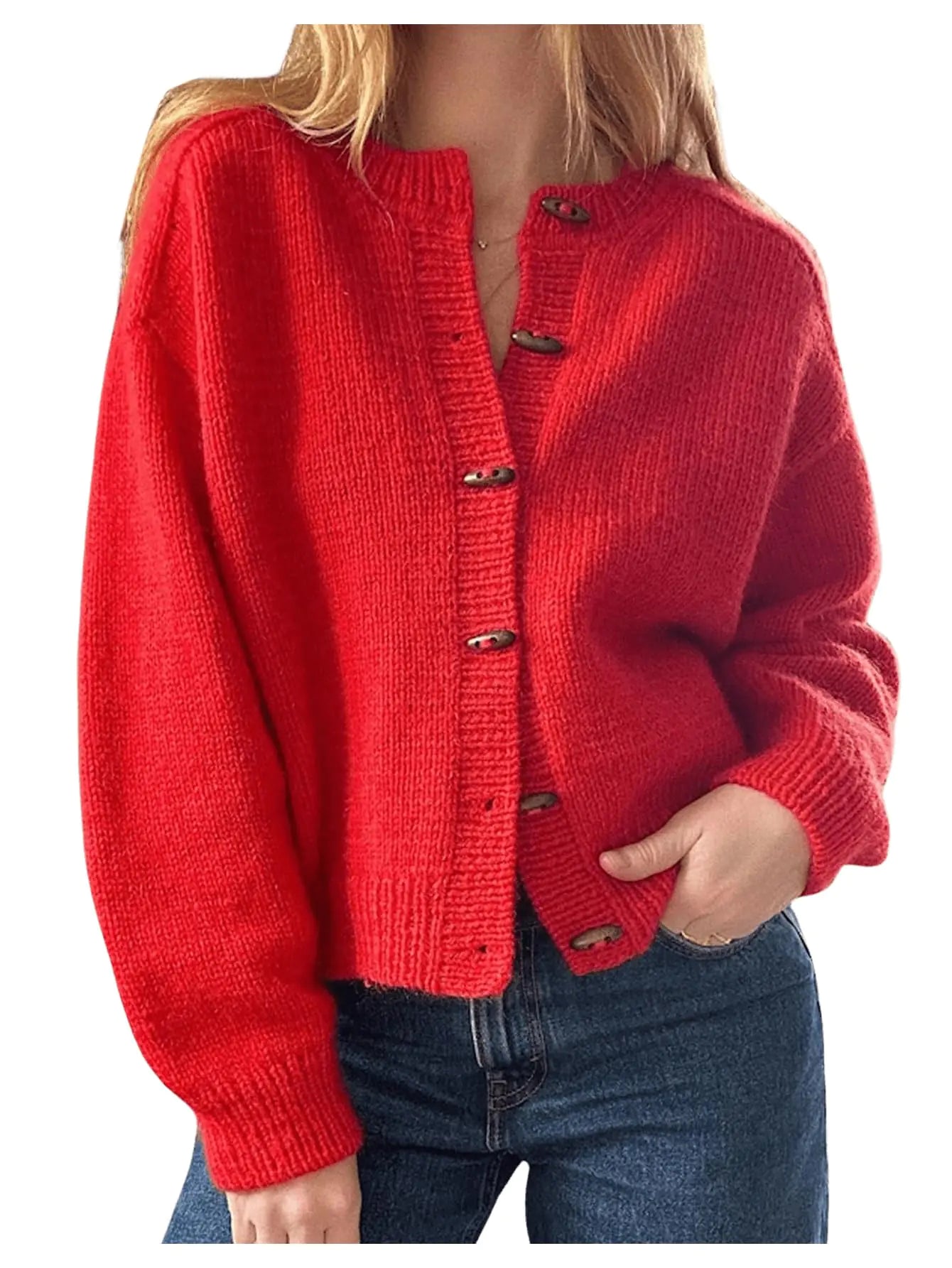 GORGLITTER Pull Hiver Femme Gilet Court Boutonné Manches Longues Tricot Hauts Rouge Petit