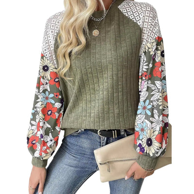 BAOKUAN Womens Knit Floral Long Sleeve Sweaters Pullover Crewneck Cute Cozy Color Block Long Sleeve Sweaters Tops Green