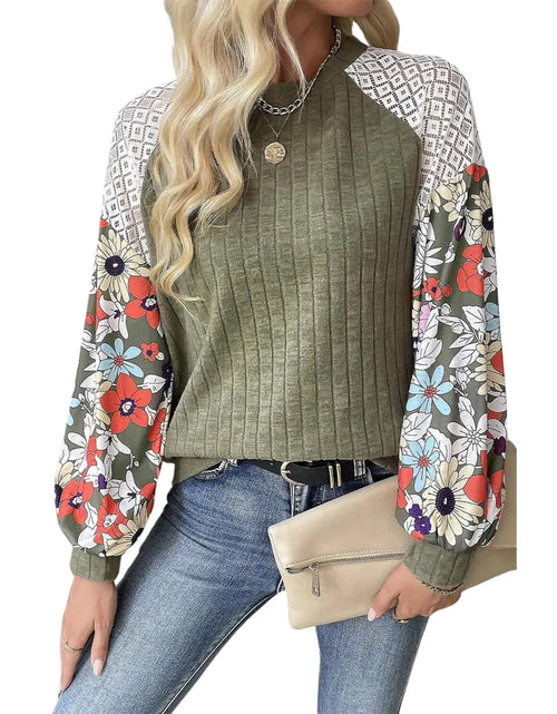 Load image into Gallery viewer, BAOKUAN Womens Knit Floral Long Sleeve Sweaters Pullover Crewneck Cute Cozy Color Block Long Sleeve Sweaters Tops Green
