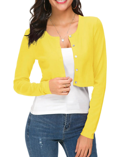 Cargar imagen en el visor de la galería, Cárdigan bolero corto para mujer con botones, cuello redondo, suéter de punto (S Amarillo limón)
