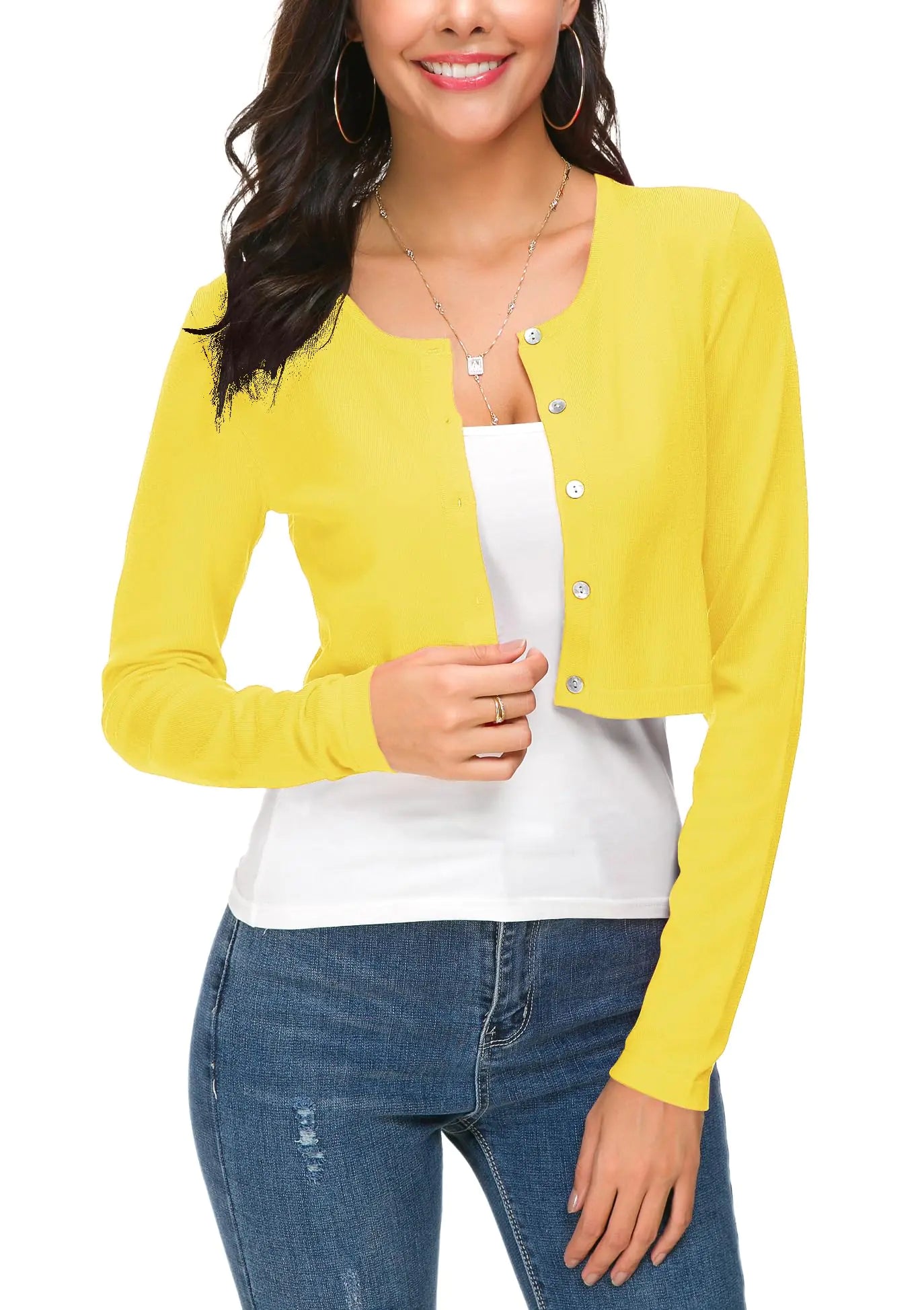 Cárdigan bolero corto para mujer con botones, cuello redondo, suéter de punto (S Amarillo limón)
