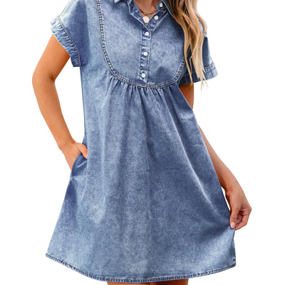 luvamia Womens Fashion Denim Dresses for Women 2024 Casual Short Jean Dress Short Sleeve Denim Dress for Women Blue Dresses for Women Short Dresses Bay Blue Size X-Large Fits Size 16 / Size 18