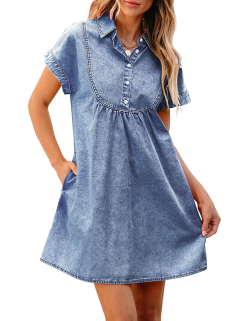 Load image into Gallery viewer, luvamia Womens Fashion Denim Dresses for Women 2024 Casual Short Jean Dress Short Sleeve Denim Dress for Women Blue Dresses for Women Short Dresses Bay Blue Size X-Large Fits Size 16 / Size 18
