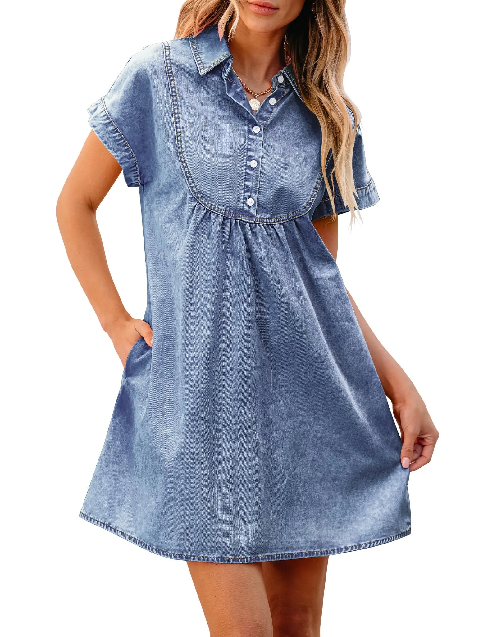 luvamia Womens Fashion Denim Dresses for Women 2024 Casual Short Jean Dress Short Sleeve Denim Dress for Women Blue Dresses for Women Short Dresses Bay Blue Size X-Large Fits Size 16 / Size 18