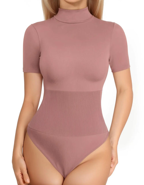 Load image into Gallery viewer, MANGOPOP Tummy Control Thong Shapewear Bodysuit for Women Short Sleeve Turtleneck Top Seamless Ribbed Body Suit (Marsala)
