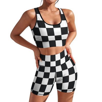 PrelerDIY Black White Racing Checkered Womens Yoga Outfit 2 Piece Set Workout Athletic Shorts High Waist Leggings Sports Bra Set Gym Clothes S