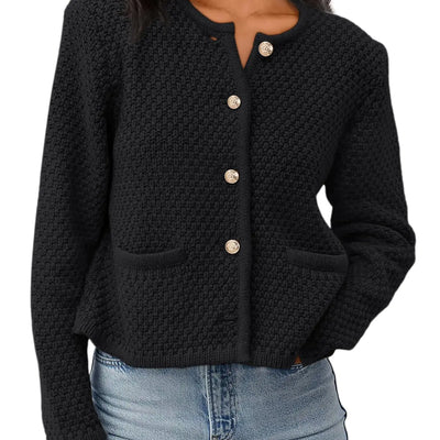 LILLUSORY Cárdigan de punto de manga larga con cuello redondo para mujer, con botones, elegante, casual, ligero, con bolsillos de parche, color negro, talla M