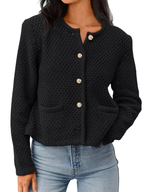 Cargar imagen en el visor de la galería, LILLUSORY Cárdigan de punto de manga larga con cuello redondo para mujer, con botones, elegante, casual, ligero, con bolsillos de parche, color negro, talla M
