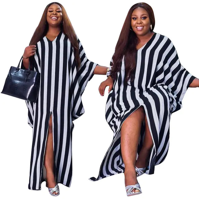 Elegant Plus Size Striped Party Dresses with Batwing Sleeves