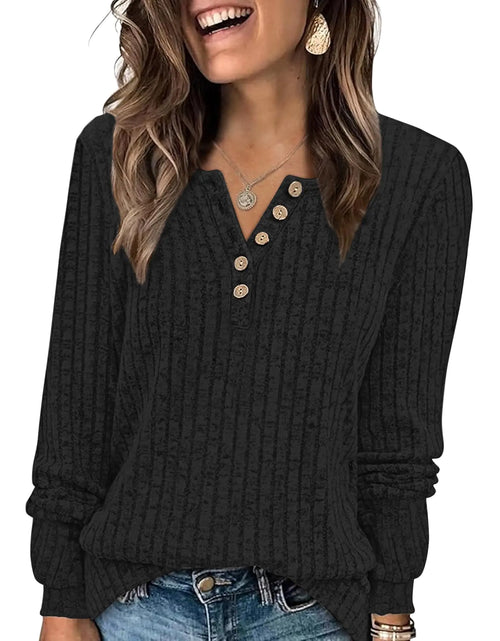 Cargar imagen en el visor de la galería, MISFAY Suéteres de Mujer Cuello Redondo Manga Larga Blusas Sueltas Casuales de Otoño (NegroS)
