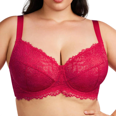 HSIA Soutien-gorge Minimiseur pour femmes - Soutien-gorge grande taille avec armatures Femme Soutien-gorge en dentelle à couvrance totale Non doublé Non rembourré Rouge Framboise