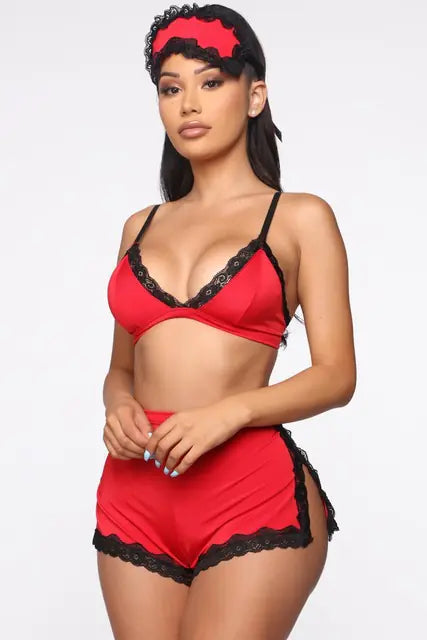 Ensemble de Lingerie et Vêtements de Nuit en Dentelle à Col V Plongeant pour Femme