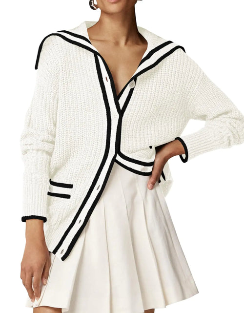 Load image into Gallery viewer, Saodimallsu Womens Collared Cardigan Sweaters Oversized Open Front Button Color Block Sweater Coat with Pockets White

