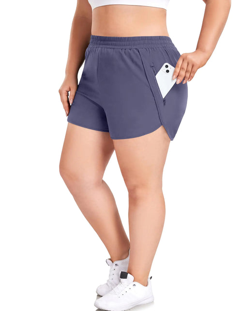 Load image into Gallery viewer, COOTRY Womens Athletic Shorts Plus Size High Waisted Quick Dry Gym Running Workout Clothes with Zip Pockets 3 Inch Bluish Grey 5XL
