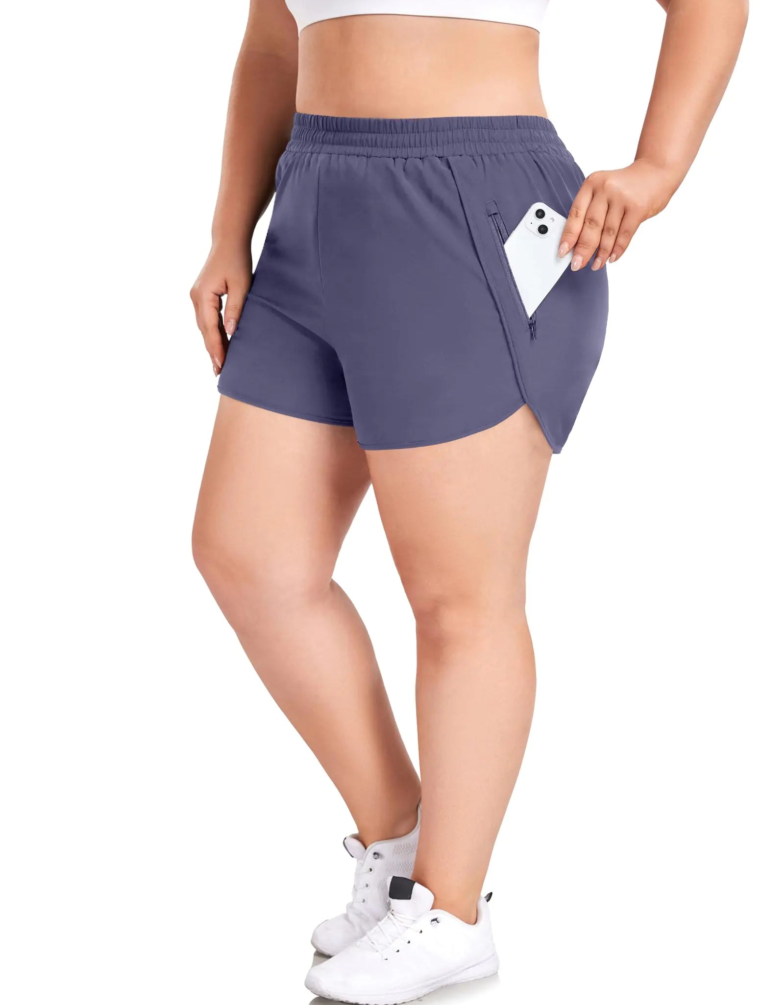 COOTRY Womens Athletic Shorts Plus Size High Waisted Quick Dry Gym Running Workout Clothes with Zip Pockets 3 Inch Bluish Grey 5XL