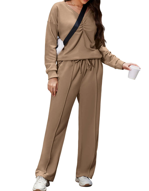 Load image into Gallery viewer, LUOFEN Womens Sweatsuits 2 Piece Set V Neck Sweatshirt 2024 Fall Fashion Track Suits Wide Leg Sweatpants
