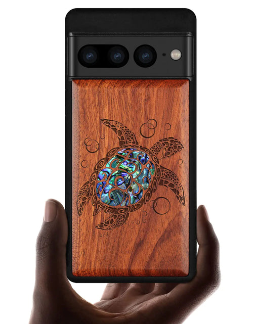 Load image into Gallery viewer, Carveit Designer Wooden Case for Google Pixel 7 Pro Case Cover [Wood Engraving &amp; Shell Inlay] Unique Wood Phone Case Compatible with Wireless Chargers Pixel 7 Pro Case (Sea Turtle-Red Wood)
