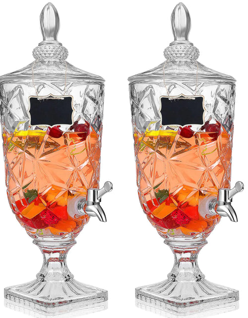 Load image into Gallery viewer, Zhehao 2 Pcs Drink Dispensers for Parties 1.3 Gallon Glass Beverage Dispenser Clear Vintage Crystal Iced Beverage Dispenser with Spigot and 2 Wooden Chalkboard Wide Mouth Beverage Server for Bar Home
