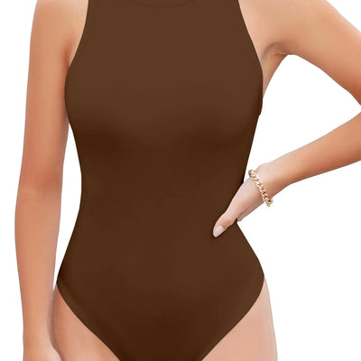 UNTYHOTS Tank Top Bodysuits for Women Crew Neck Racerback High Neck Sleeveless Body suits(2024-Brown-Medium)