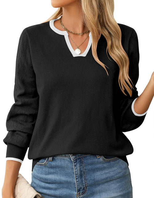 Load image into Gallery viewer, Womens Fall 2024 Fashion Sweaters Long Sleeve Shirts V Neck Blouse Knitted Casual Pullover Tops(Black WhiteSmall)
