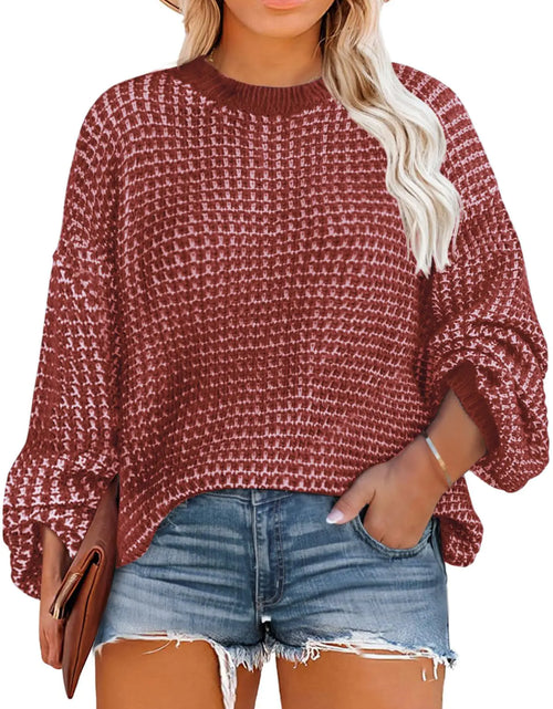 Load image into Gallery viewer, Eytino Womens Plus Size Sweaters Crewneck Lantern Sleeve Loose Knit Pullover Jumper TopsRed 2X

