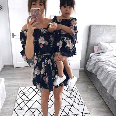 Digital Print Matching Family Dresses with Belt