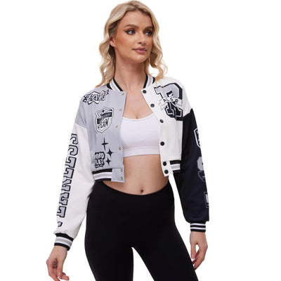 Vivimeng Womens Baseball Jacket Letter Print Cropped Color Block Jacket Baseball Bomber Streetwear Coats 2XL