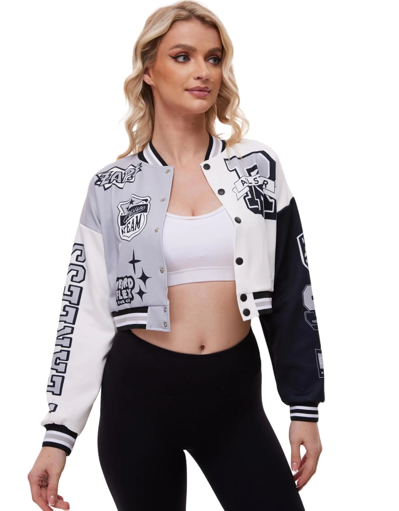 Vivimeng Womens Baseball Jacket Letter Print Cropped Color Block Jacket Baseball Bomber Streetwear Coats 2XL