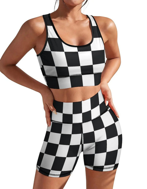 Load image into Gallery viewer, PrelerDIY Black White Racing Checkered Womens Yoga Outfit 2 Piece Set Workout Athletic Shorts High Waist Leggings Sports Bra Set Gym Clothes S
