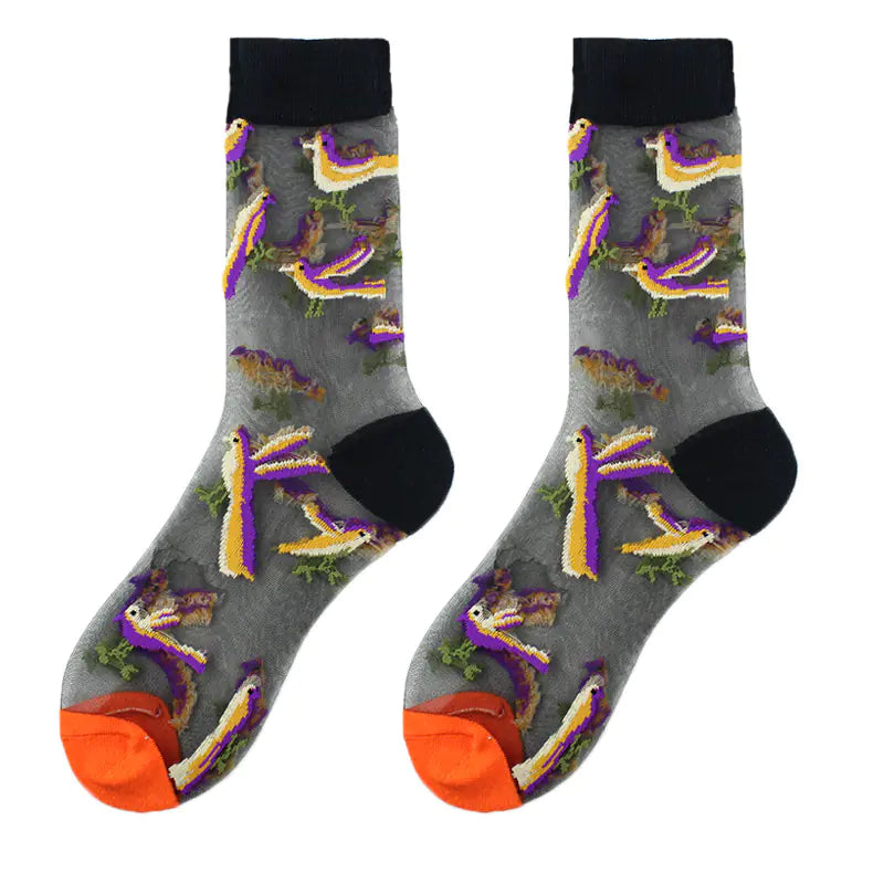 Fashionable Thin Mid Tube Flower Forest Glass Stockings