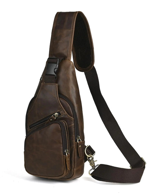 Load image into Gallery viewer, Leaokuu Men Fashion Casual Tea Designer Travel Hiking Crossbody Chest Sling Bag Rig One Shoulder Strap Bag Men Leather 8015
