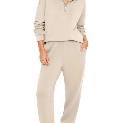 Glamaker Womens 2 Piece Outfits Sweatsuits Set Half Zip Long Sleeve Sweatshirts Joggers Sweatpants Tracksuit(Khaki L)