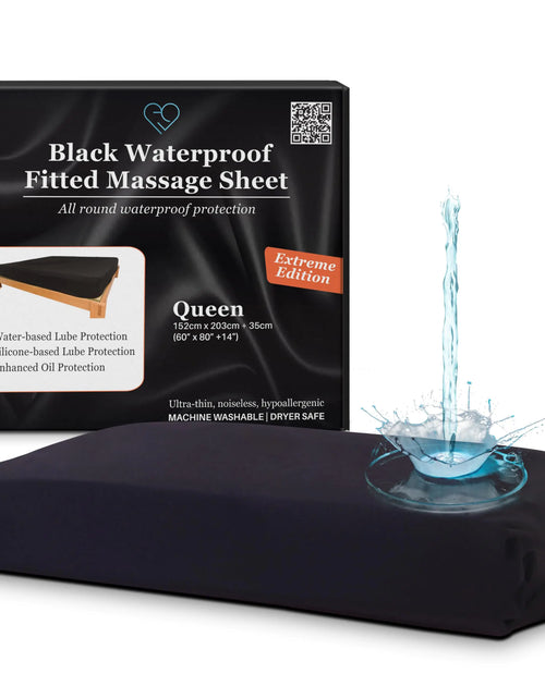 Cargar imagen en el visor de la galería, EROTICGEL Sábana de masaje ajustable Extreme Queen negra 60″ x 80″ +14″ (183 cm x 203 cm +35 cm) - Protector de colchón impermeable para masaje - Segura para aceites, agua y silicona
