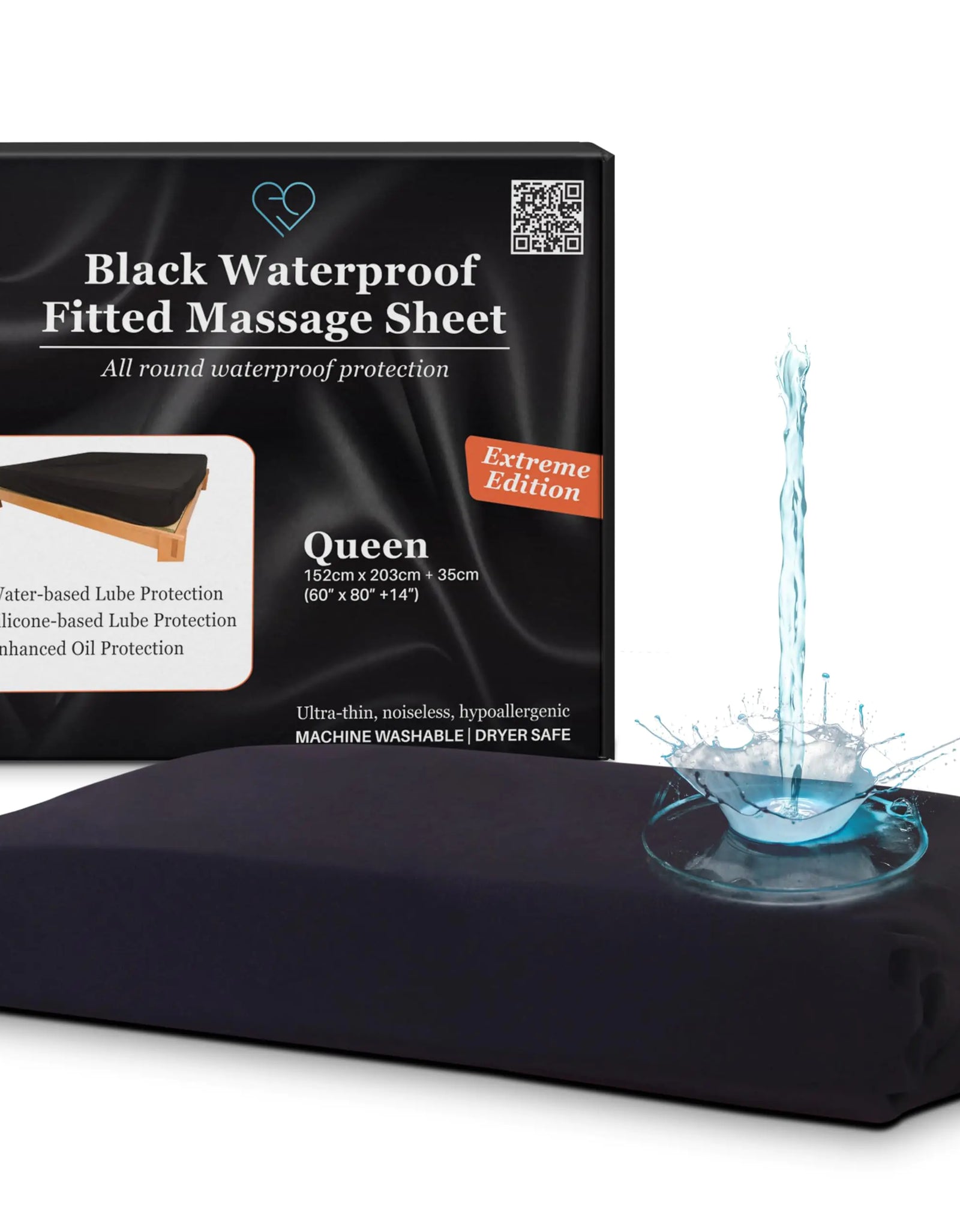 EROTICGEL Sábana de masaje ajustable Extreme Queen negra 60″ x 80″ +14″ (183 cm x 203 cm +35 cm) - Protector de colchón impermeable para masaje - Segura para aceites, agua y silicona