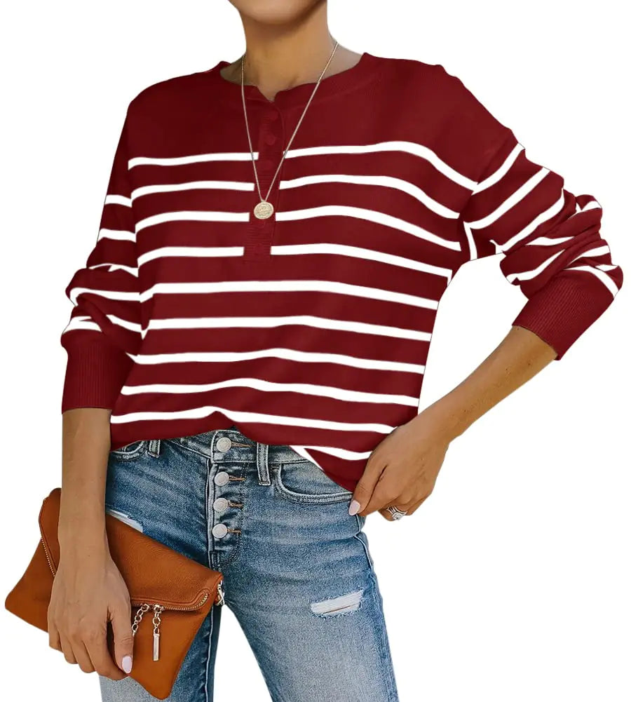Womens Striped Henley Sweaters Soft Lightweight Long Sleeve Crew Neck Loose Fit Knit Pullover Tops Wine Red