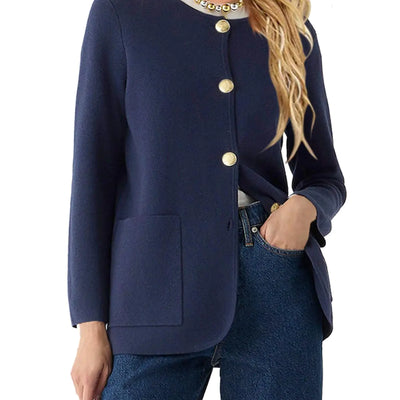 Langwyqu Womens Crew Neck Button Down Cardigan Sweaters Blazer Casual Long Sleeve Knit Solid Sweater with Pockets Navy
