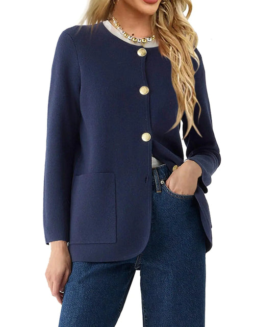 Load image into Gallery viewer, Langwyqu Womens Crew Neck Button Down Cardigan Sweaters Blazer Casual Long Sleeve Knit Solid Sweater with Pockets Navy
