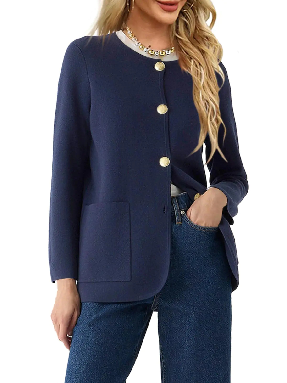 Langwyqu Womens Crew Neck Button Down Cardigan Sweaters Blazer Casual Long Sleeve Knit Solid Sweater with Pockets Navy