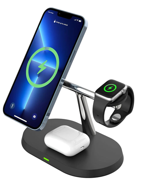 Cargar imagen en el visor de la galería, Base de carga inalámbrica 3 en 1Hecha para iPhone, base de carga y soporte de cargador de reloj con cargador Mag-Safe, cargador de teléfono inalámbrico para iPhone 15/14/13/12 Apple Watch 1-9/Ultra
