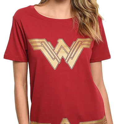 DC Comics Wonder Woman Womens T-Shirt Gold Logo Graphic Tee Superhero Halloween Costume Comic Book Cosplay Top (Dark Red Small)