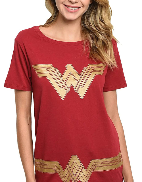 Load image into Gallery viewer, DC Comics Wonder Woman Womens T-Shirt Gold Logo Graphic Tee Superhero Halloween Costume Comic Book Cosplay Top (Dark Red Small)
