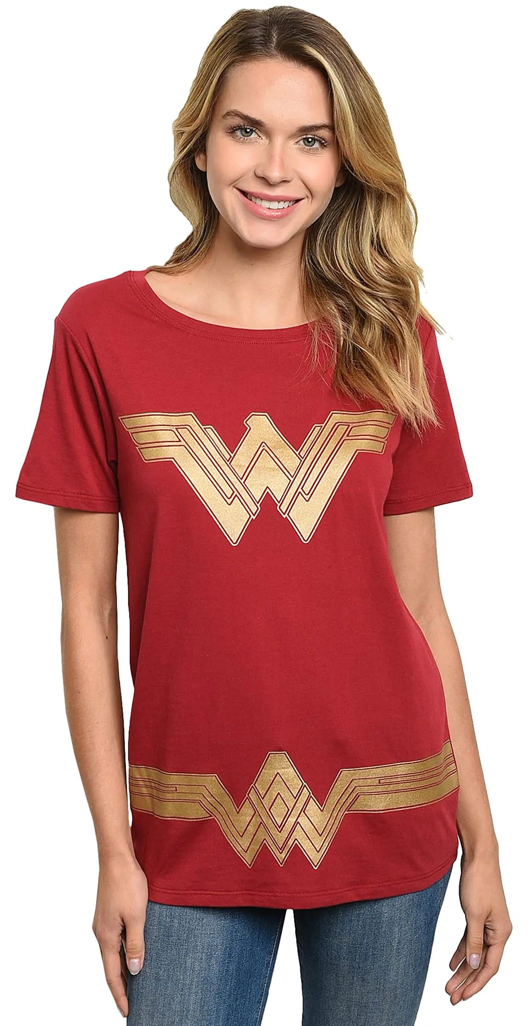 DC Comics Wonder Woman Womens T-Shirt Gold Logo Graphic Tee Superhero Halloween Costume Comic Book Cosplay Top (Dark Red Small)